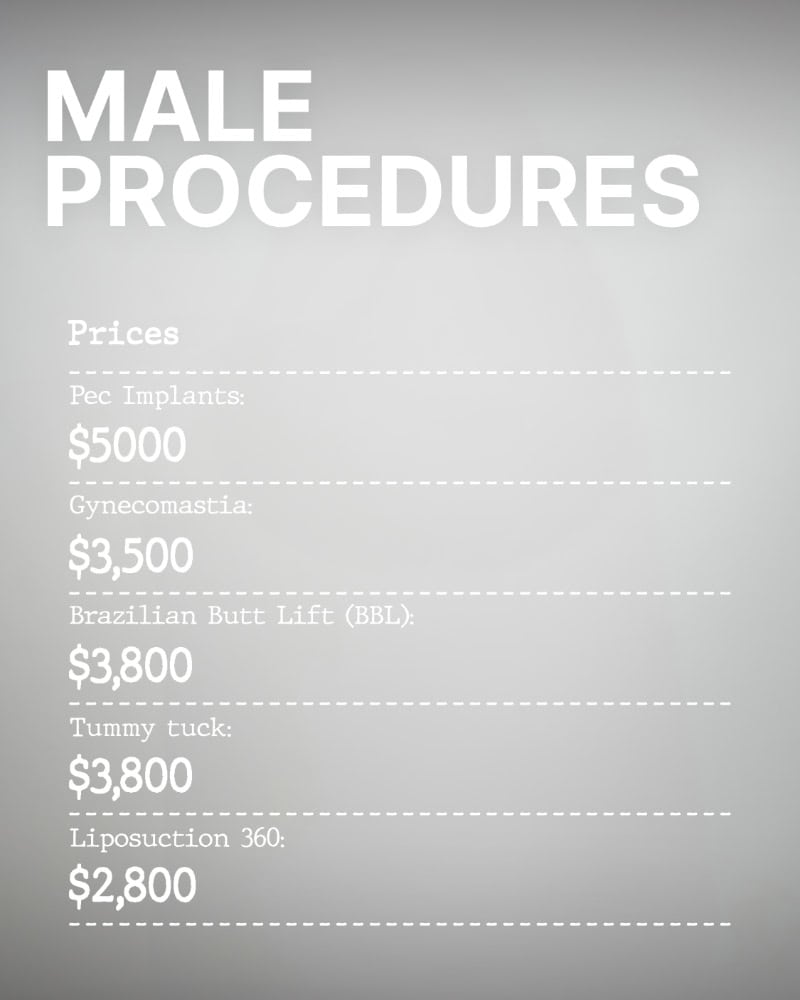 Male cosmetic procedures and prices list.